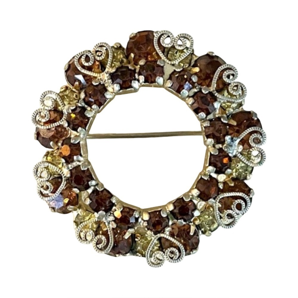 Vintage Earth Tone Brooch with Ornate Heart Detail